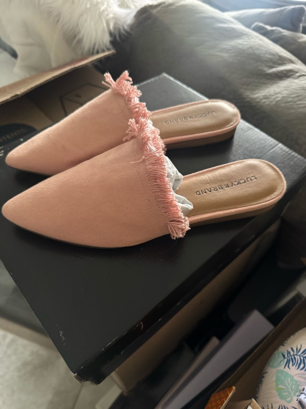Lucky Brand Dusty Pink Fringed Pointed Slide Mules